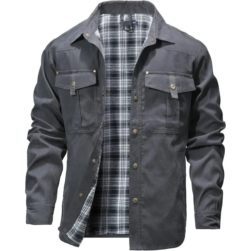 Men’s Flannel-Lined Shirt Jacket, Suede-Like Texture, Western Cowboy Style