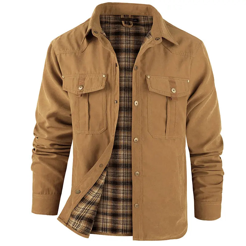 Men’s Flannel-Lined Shirt Jacket, Suede-Like Texture, Western Cowboy Style